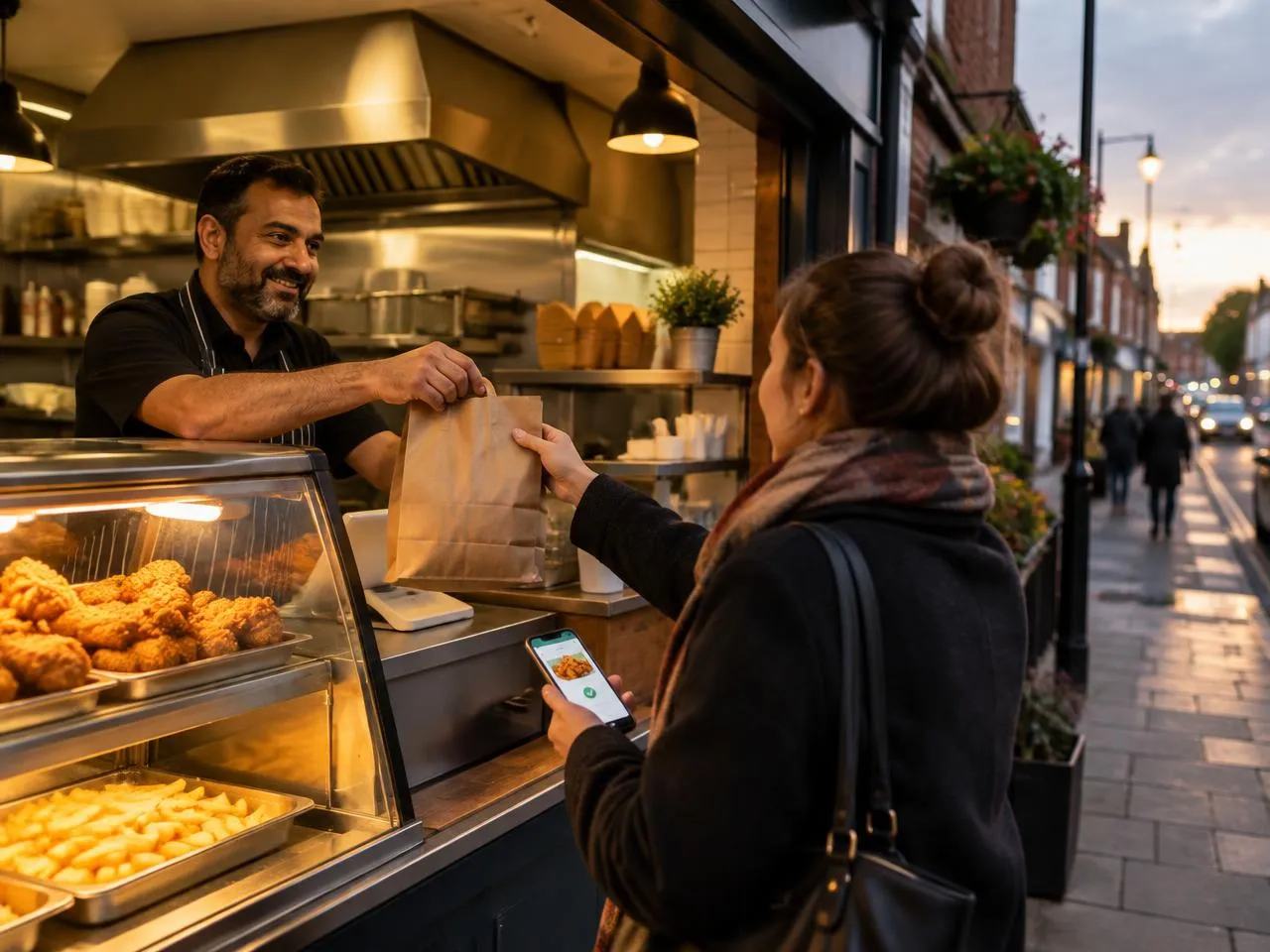 Takeaway owner handing a bag of food to a customer who ordered on her phone
